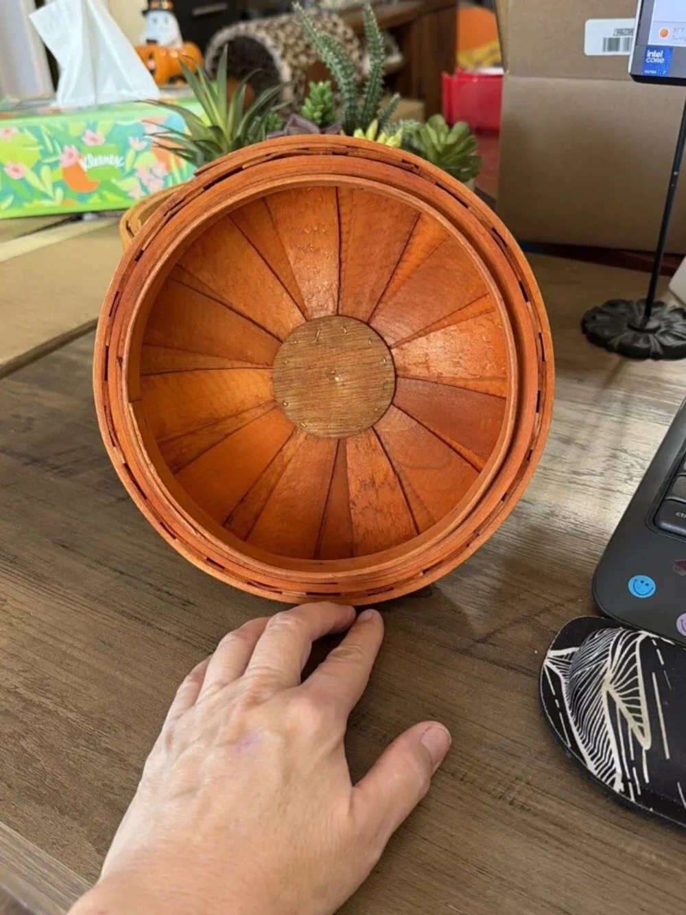 Orange Wooden Pumpkin Bushel Style Basket with Cover